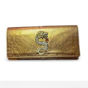 Donald J Pliner Couture Gold Clutch with Jewel encrusted Dragon Embellishment